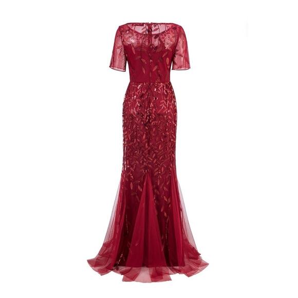 NEW! Slim Fit Evening Formal Mermaid Sheer Red Maxi Dress Sequin Leaves Sz. M - Picture 4 of 8